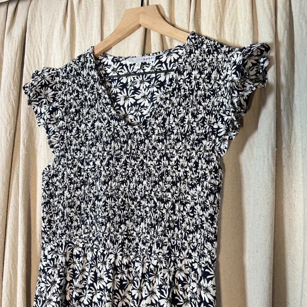 Baltic Born Black Daisy Floral Smocked Midi Dress Flutter Sleeve Medium